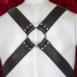 Black Leather Buckled Chest Harness with Silver Hardware for Men