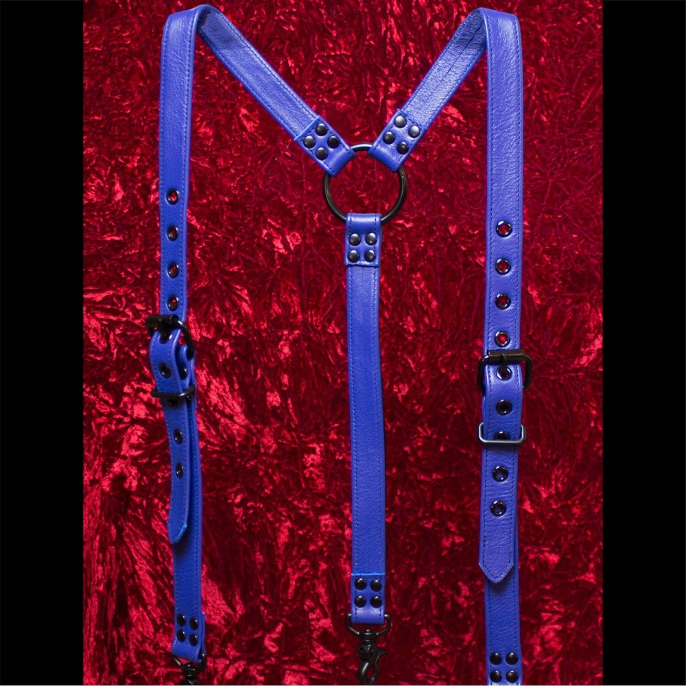 Blue Leather Suspenders - Black Hardware