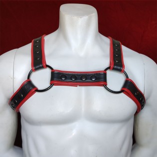 Black Leather with Red Outline H Harness Front